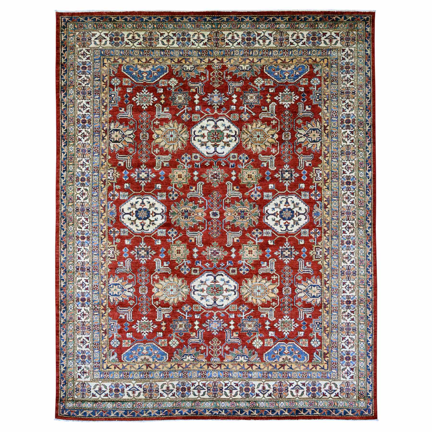 Crimson Red, Afghan Super Kazak with Tribal Medallions Design, Hand Knotted, Soft and Shiny Wool, Vegetable Dyes, Oriental Rug